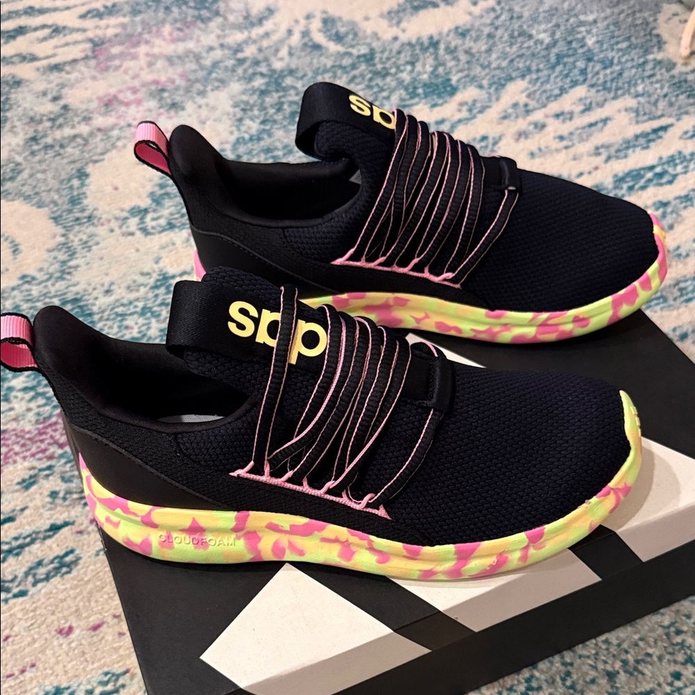 BNWT Adidas Black Slip-On Lite Racer Adapt 7, w/ Pink, Orange & Yellow accents